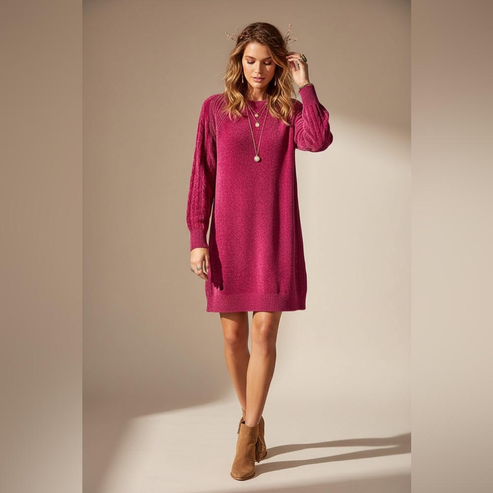 LuLaRoe Lauren Sweater Dress • Solid Wild Aster Pink • Chenille